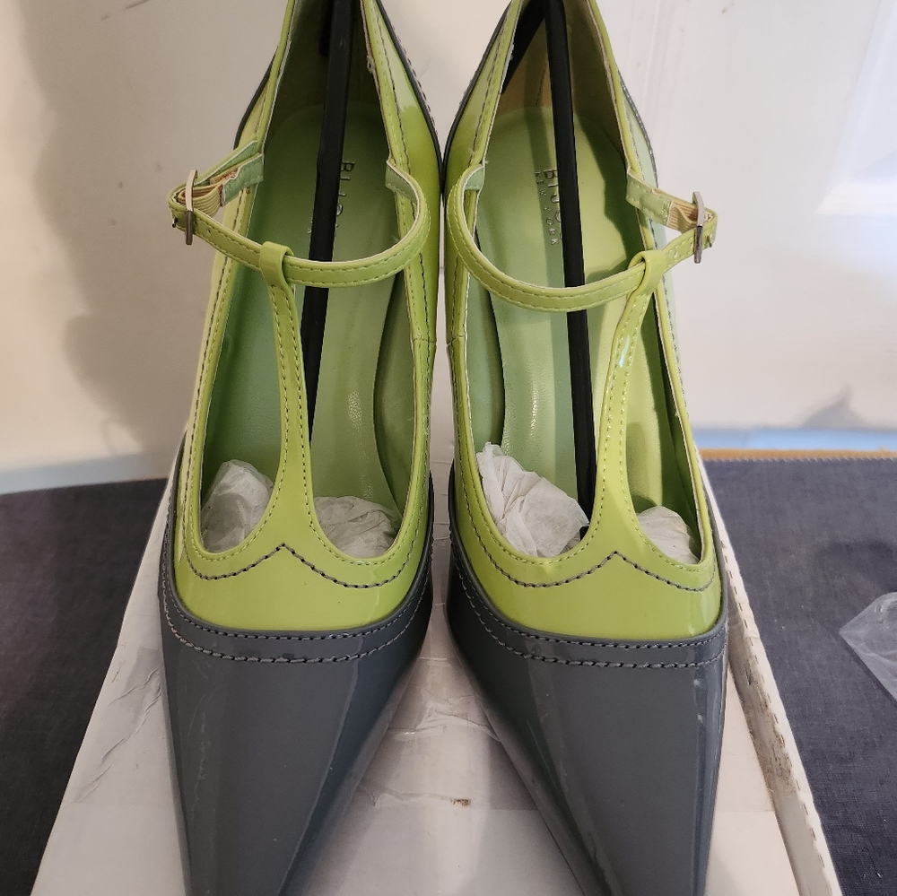 Two-tone gray and lime T-strap heels.